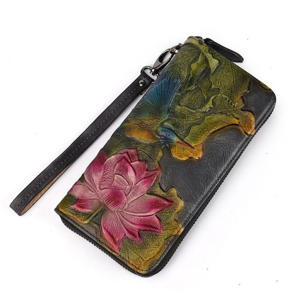 

aber new vintage floral embossed long genuine leather women clutch wallets purses wallet card holder ladies clutch bags, Red;black