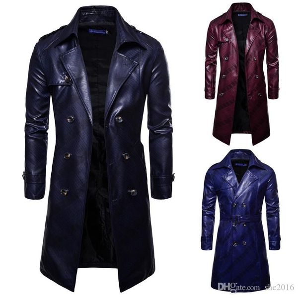 

autumn and winter selling men's designer new long slim lapels double-breasted motorcycle leather jacket winter men's warm leather, Black