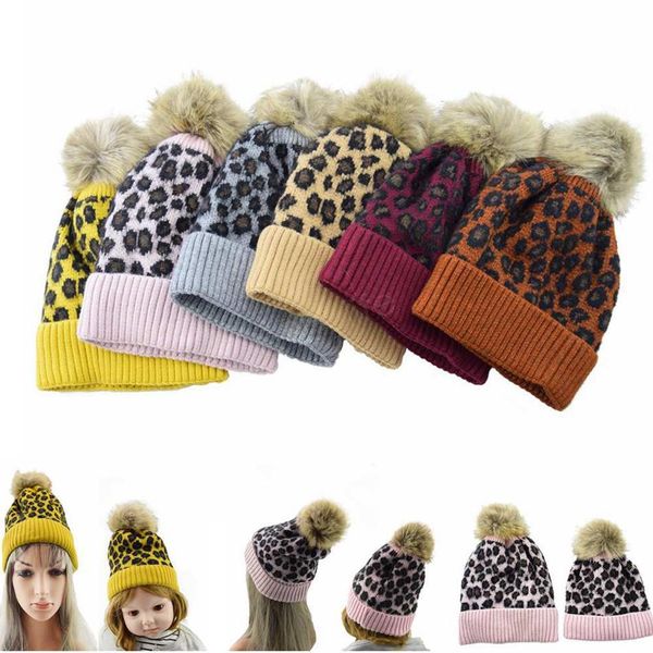 

parent-child family beanies leopard warm fleece soft skull cap pom pom baby knitted hats faux fur ball winter knit kid earflap cap ljja2827, Blue;gray
