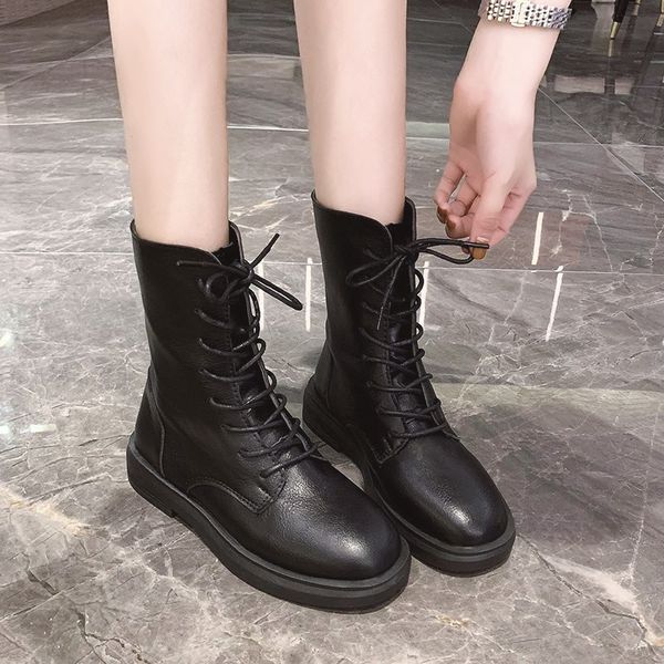 

riding boots booties ladies low heels booties shoes round toe luxury designer boots-women lace up mid calf elegant rock flat, Black
