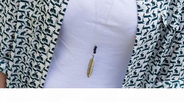 

e 2020feather leaves tassel long necklace aromatherapy essential oil diffuser necklaces black lava pendant jewelry for women, Silver