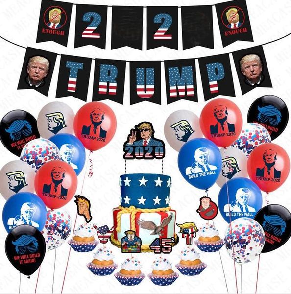 

president trump 2020 flags latex confetti balloons 24pcs/pack trumpet birthday party pull flag string cartoon cake cards accessries d72202, Silver