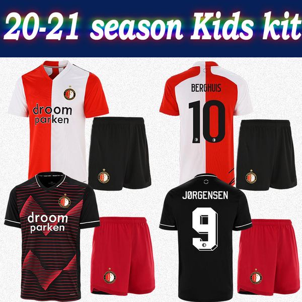 

kids kit feyenoord soccer shirt home 20-21 child away #9 n.jorgensen #10 berghuis soccer jersey customized football shirt with shorts, Black