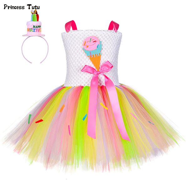 

sweet ice cream children girls tutu dress colorful rainbow candy kids birthday party dresses for girls halloween holiday costume t200709, Red;yellow