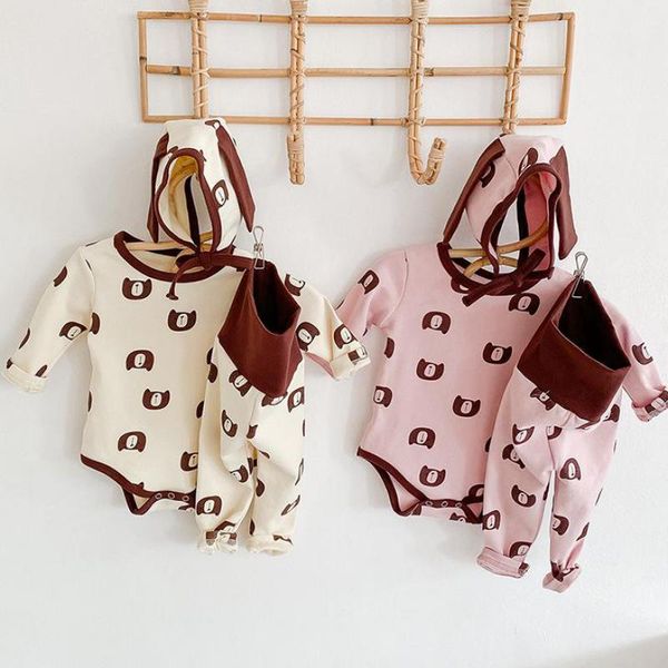 

clothing sets autumn 3pcs casual baby boys clothes set bear print cotton bodysuit pants hat toddler girl outfit kids home, White