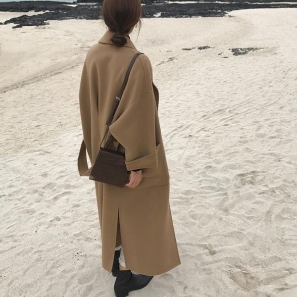 

korean style bathrobe women's bathrobe chic casual split cashmere coat women's double-sided cashmere coat, Black