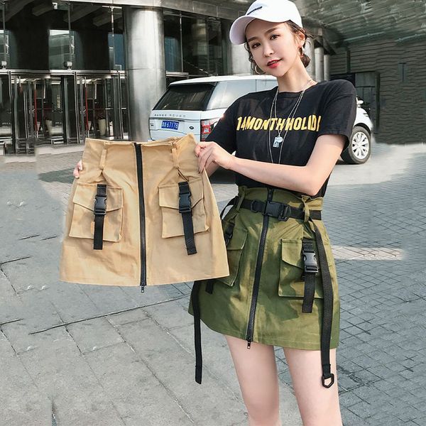 

summer tool skirt high waist a line zipper women mini cargo skirts pockets sashes bodycon solid ladies short female, Black