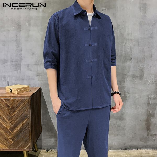 

2020 cotton kungfu style suits men vintage buttons sets half sleeve lapel blouse long pants suits incerun solid loose sets s-5xl, Gray
