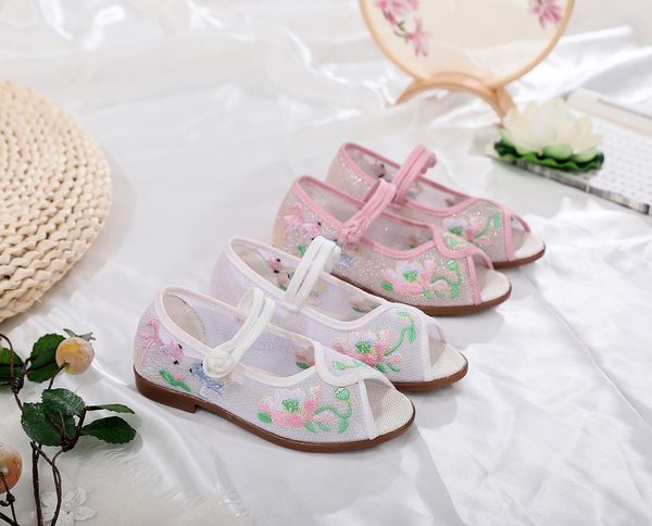 

new children's women's antique sandals embroidered chinese clothing girls' embroidered shoes mesh sandals fish mouth mesh sho, Black;red