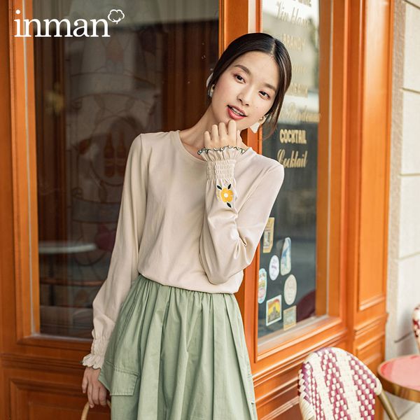 

inman 2020 autumn new arrival female women girl elegant style good elastic comfortable cotton contrast color t-shirt, White