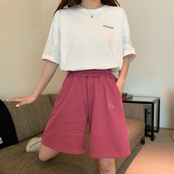 

moon embroidery oversize loose shorts women solid korean casual elastic waist chic shorts fashion wild simple students bottoms, White;black