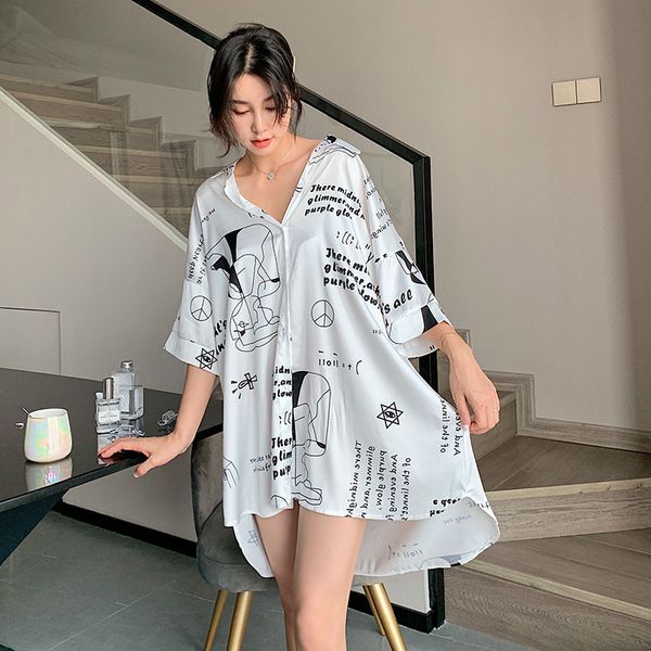 

women's sleepwear summer letters printed satin chemise femme white shirt nightgown lingerie breathable cool comfortable sleeping shirts, Black;red