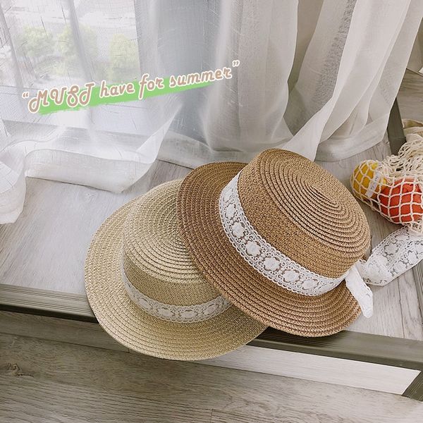 

ambb kids children bowknot bucket bucket straw fisherman lace straw hat girls sunshade fisherman hat new style, Blue;gray