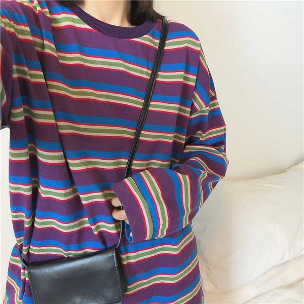 

women's t-shirt 2021 purple color striped long-sleeved cotton comfortable wild loose base, White