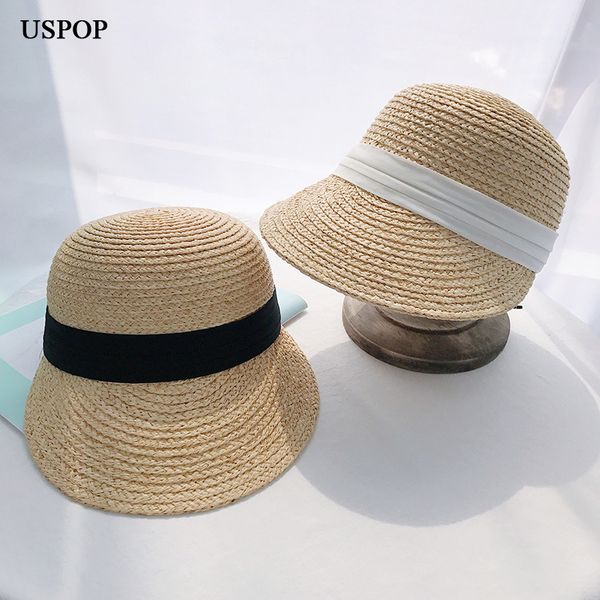 

uspop 2020 women summer sun hats raffia straw hat casual raffia sun visor caps fashion wide brim chiffon ribbon beach hat y200619, Blue;gray