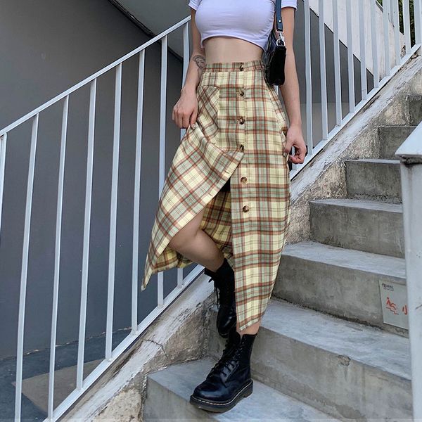 

plaid women's skirts maxi split a-line skirt with button summer 2020 streetwear vintage cute girl female party outfits, Black
