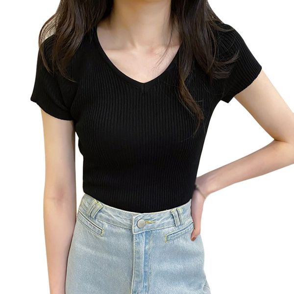 

women's t-shirt x v-neck slim summer korean high waist solid color short knit sleeve top, White