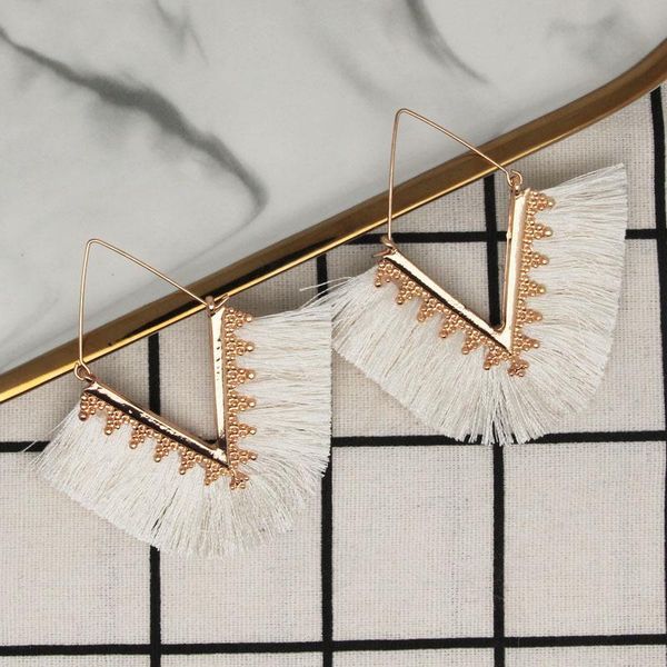 

alloy geometric v-shaped cotton thread tassel female earrings, Silver