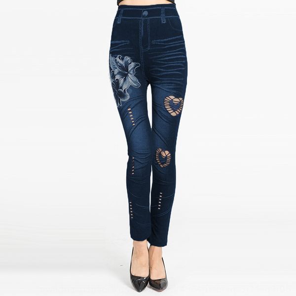 

2019 imitation denim hollow-out leggings peach heart mesh high waist tight pants tight pantsstretch ankle-length pants, Black;white