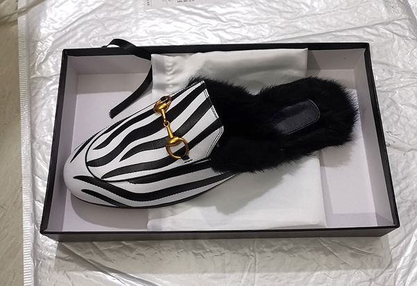 

zebra slippers with hair cowhide leather with box classic fashion black rabbit hair slippers form woman