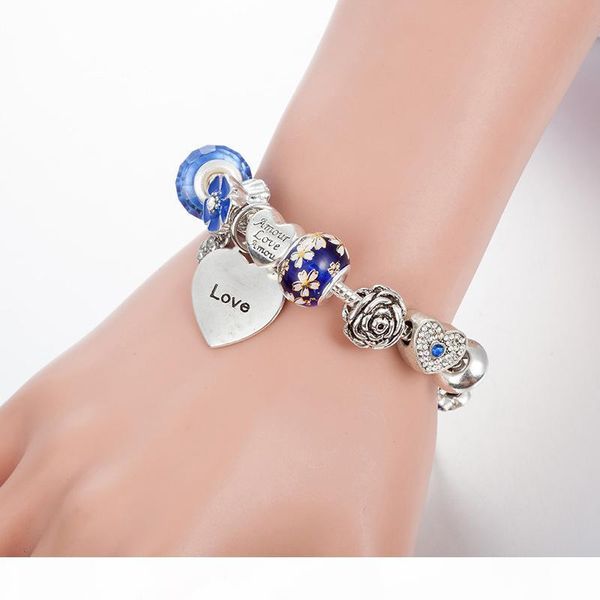 

f new charm bracelets silver plated bangle for women heart bracelet blue chamilia beads flower charms diy jewelry as christmas gift, Golden;silver