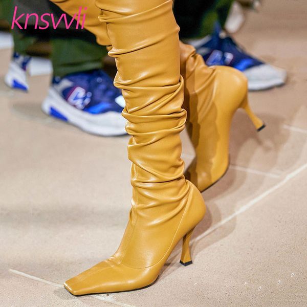 

runway show high heels over the knee boots woman square toe long boots woman pleated stretch winter thigh high women, Black
