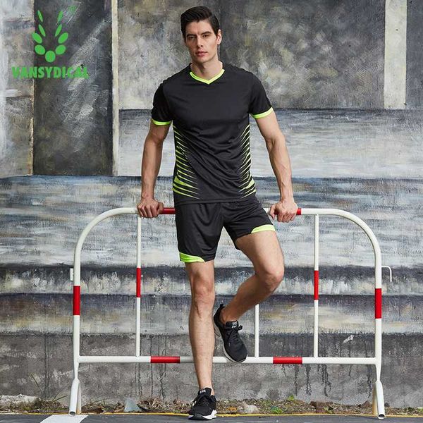 

vansydical mens soccer jersey tracksuits training sport suits breathable running sets man sportswear fitness sports jogging sets, Black;blue