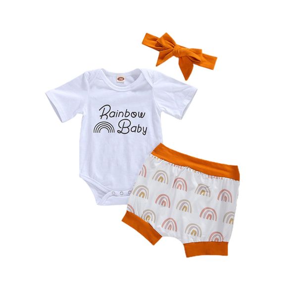 

summer baby clothes set newborn baby boy girl cotton short sleeve letter romper+rainbow print shorts+headband 0-24m, White