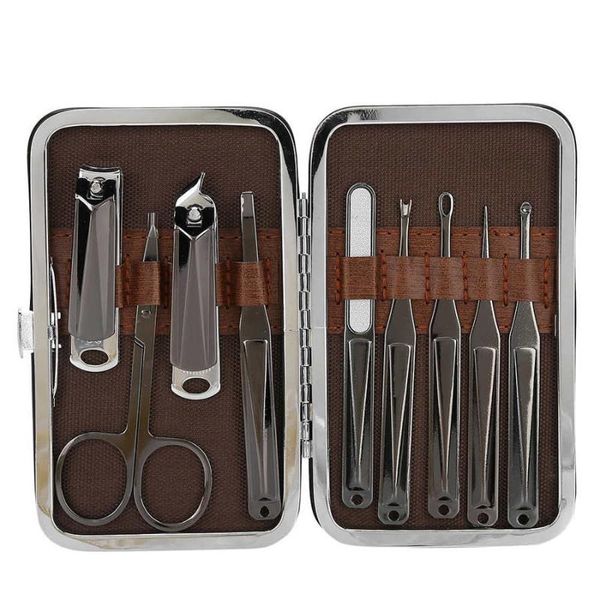

9pcs portable nail clipper eyebrow scissors dead skin pusher nail file manicure tool set