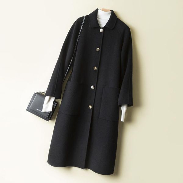 

2020 single breasted turn-down collar coat jacket england style sashes women cashmer coat loose solid women's woolen jacket l104, Black