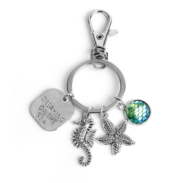 

10pcs/lot seahorse keychain mermaid fish scale sea horse keychain starfish keyring holder shell key ring chain accessories beach jewelry, Slivery;golden