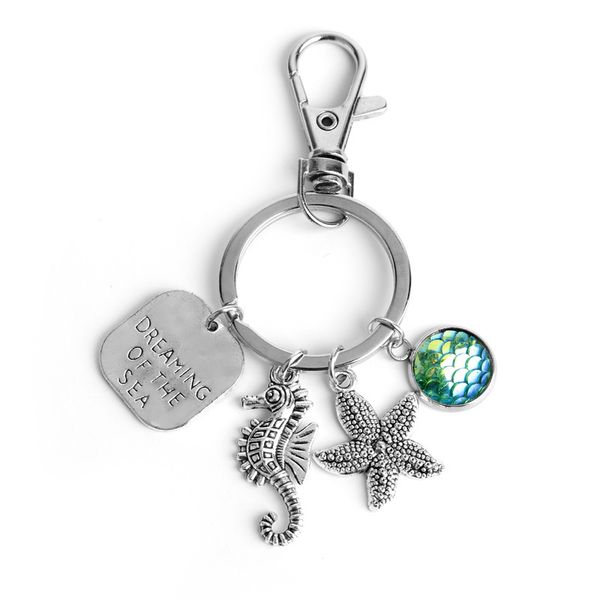 10 pçs / lote cavalo-marinho Chaveiro Sereia Escala de Peixe Cavalo de mar Keychain Keychain Keyring Titular Shell Chaveiro Cadeia Acessórios Beach Jóias