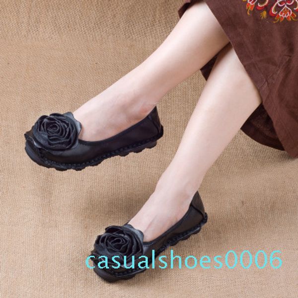 

flat shoes 2020 fashion flower design round toe solid color vintage genuine leather women flats handmade women's shoes c06, Black