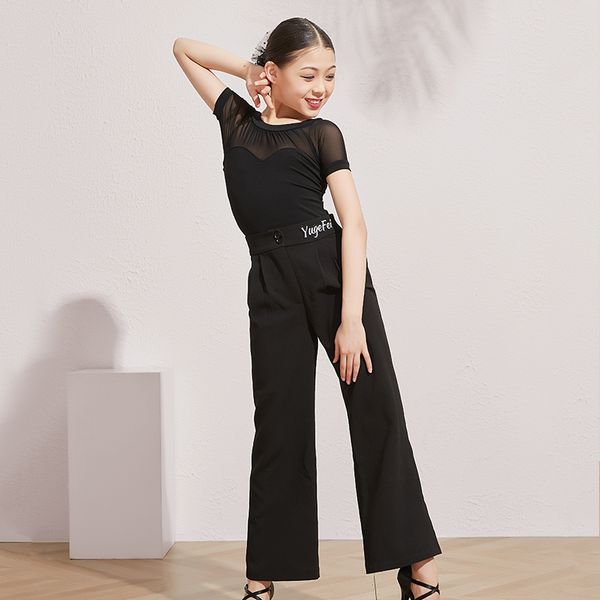 

children's ballroom dance costumes short sleeve wide-leg pants girls waltz exercise clothing kids flamenco outfit dnv13364, Black;red