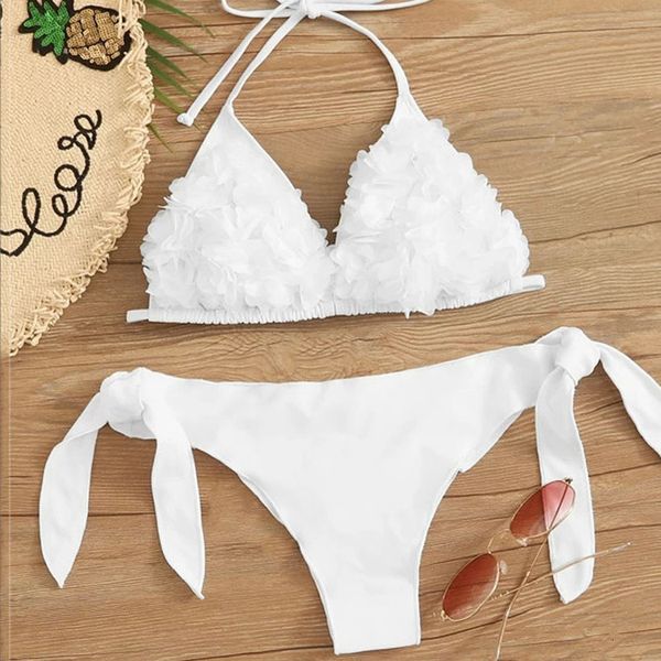 

ruffle bikini set polyester women solid white swimsuit backless swimwear low waist bikinis bathing suit beachwear biquinis 2020, White;black