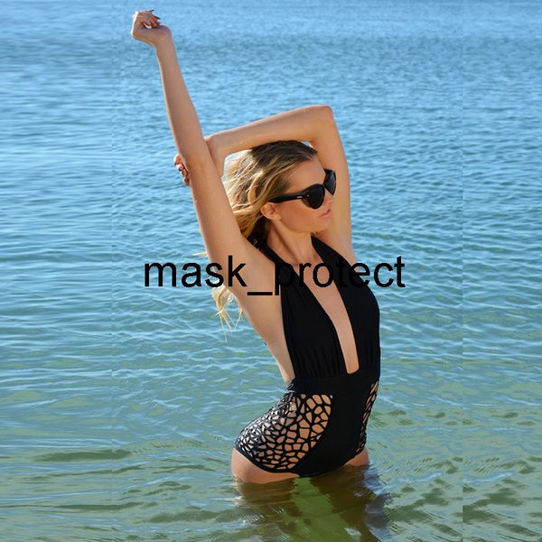 

swimsuit women's new women's bikini hanging neck hollow one-piece swimsuit, White;black