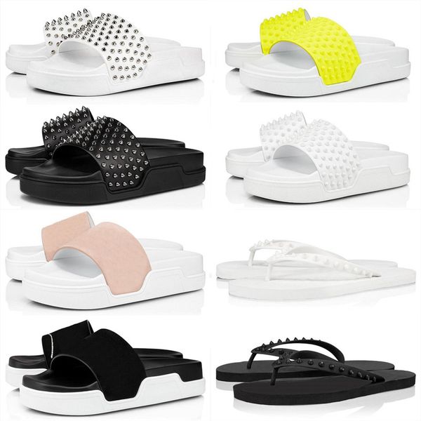 

2020 red bottoms men slippers fashion slides triple black white pink spikes mens flat flip flops beach l platform rivet sandals