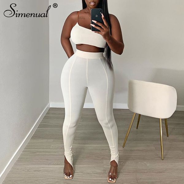 

simenual белый одно плечо bodycon matching наборы женщины sporty casual skinn двухкусочный эпикировка рукавов сверху и сбоку щелевые штаны, Black;white