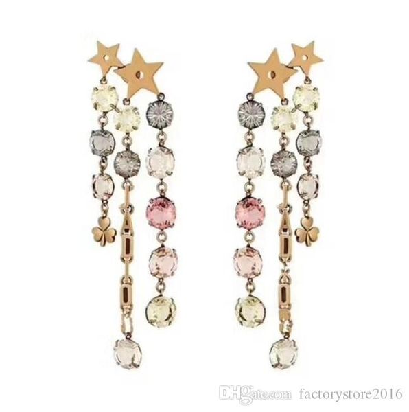 

2019 new luxury designer dangle earrings with colorful diamond copper color star earrings with letters with box, Golden