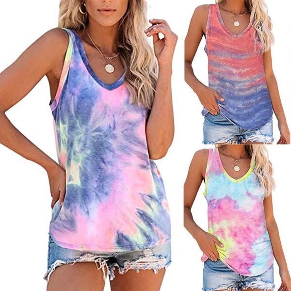 

casual tanks women's summer sunflower tie-dye sleeveless v-neck t-shirt loose cloth, White