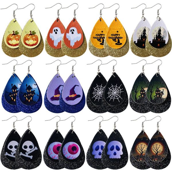 

new halloween leather earrings for women water drop pumpkin lantern ghost hat skull eyes double layer sequins printed dangle earrings gift, Silver