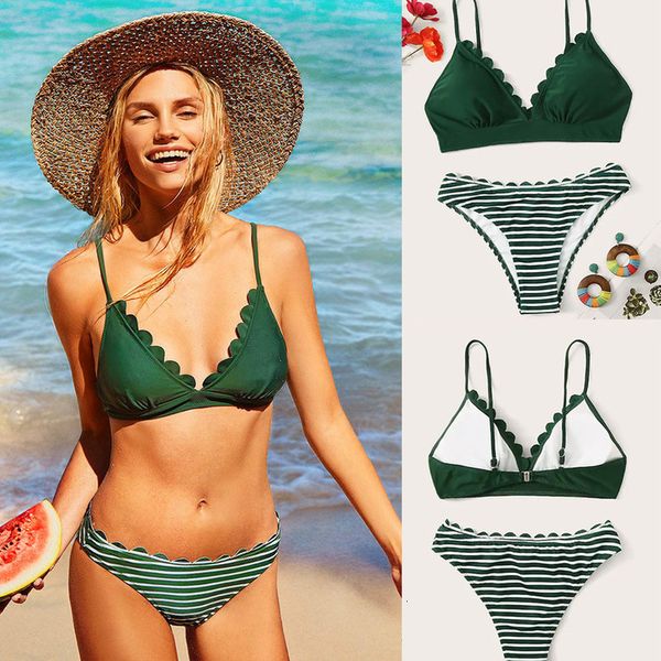 

scalloped trim halter bikini set 2020 two pieces micro print stripe swimwear women push up bather biquini bathing suit, White;black