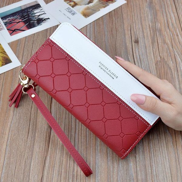 

maroon clutch bag women's wallet women's long zipper tassel korean version contrast color embossing large capacity wallet mobile p