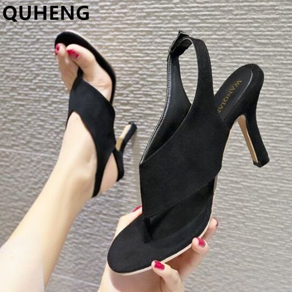 

women's wandals summer word buckle folder toe ladies fine high heel shoes female fashion suede ankle buckle sandalias 2020, Black