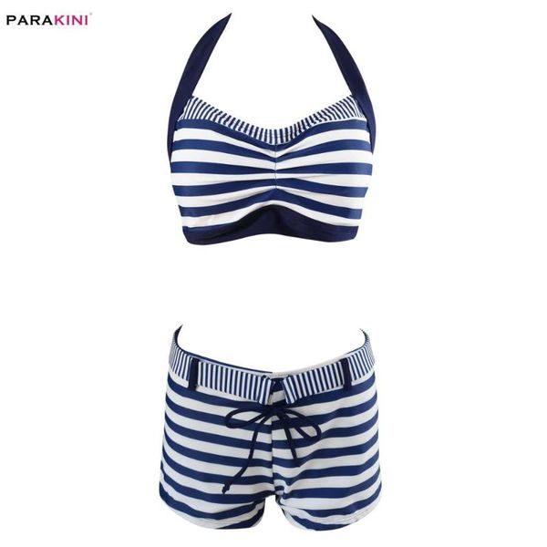 

parakini high waist swimwear striped bikini women push up swimsuit 2020 new vintage halter bathing suit shorts halter biquini, White;black