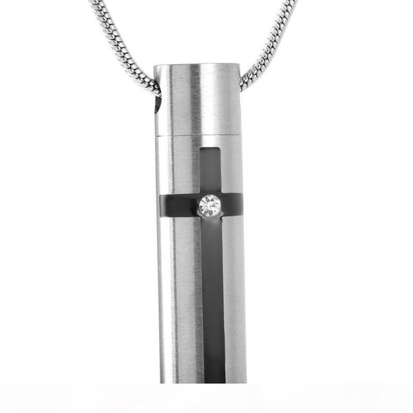 

ijd9160 engraved slender cross cylinder urn pendant stainless steel cremation hold ash keepsake memorial urn pendant for men jewelry, Silver