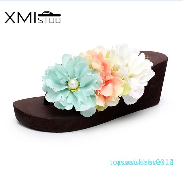 

xmistuo лето женщины пляж bohemia вьетнамки тапочки мягкие слайды 7см высокой пятки корейский дом девушки цветка тапочки c14, Black