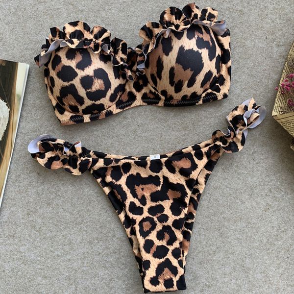 

leopard bikinis lace swimsuit push up swimwear bandeau female bathing suit women beach swim wear brazilian biquini swimming suit, White;black