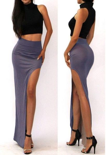 

new brand designer summer 2020 novelty lady open side split skirt high waist long maxi skirt women, Black