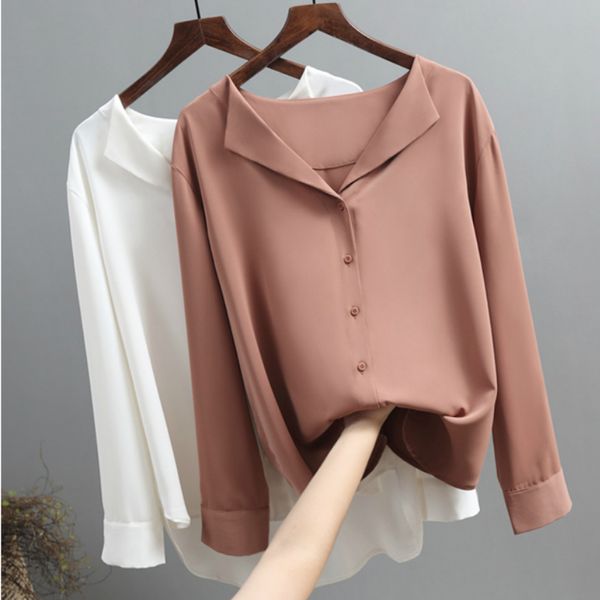 

blouses woman 2020 long sleeve chiffon blouse women shirts female solid white brown v-neck office ladies blusas a296